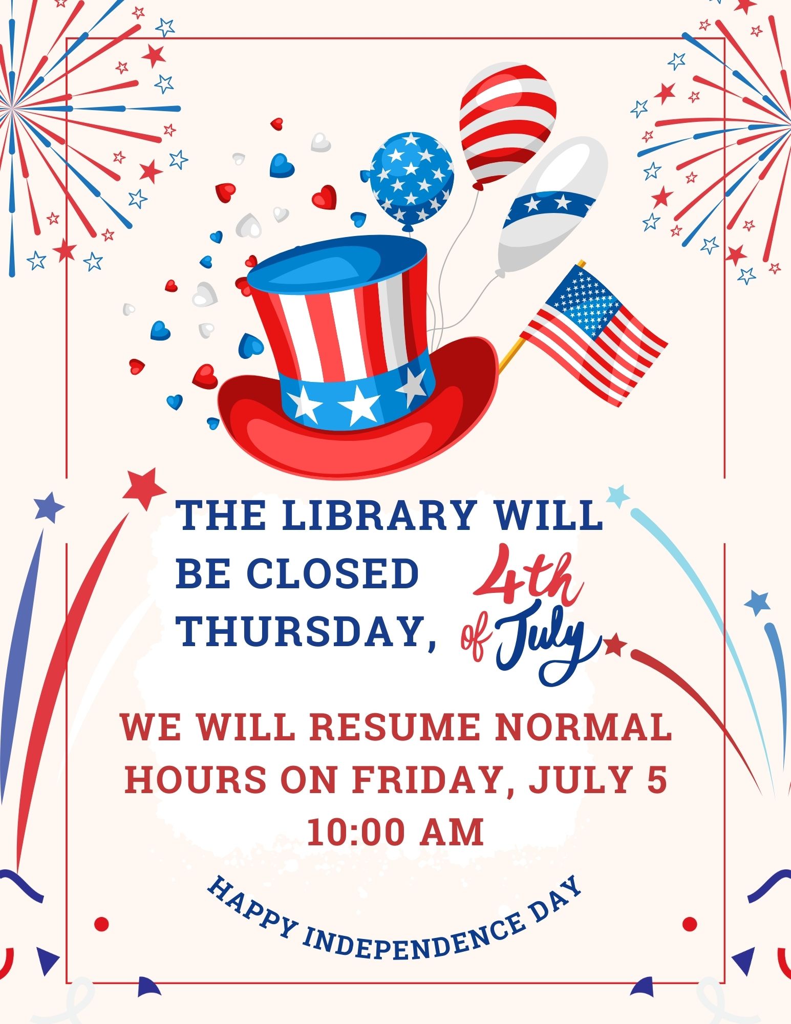 July 4th Library Display 2024 4th of July Closure - BILL MEMORIAL LIBRARY